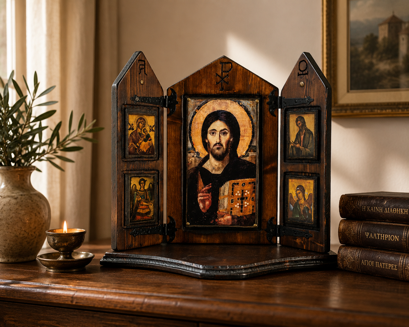 Christ of Sinai Iconostasis with Virgin Mary, Saint John & Archangels, 40×47 cm