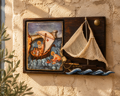 Saint Nicholas Icon with Ship – Byzantine Wall Art, 29×50 cm