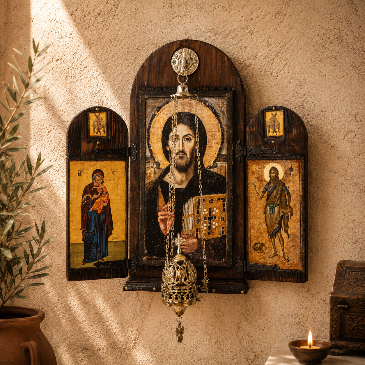 Christ of Sinai with Virgin Mary & Saint John, 62×60 cm