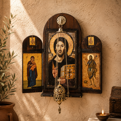 Christ of Sinai with Virgin Mary & Saint John, 62×60 cm