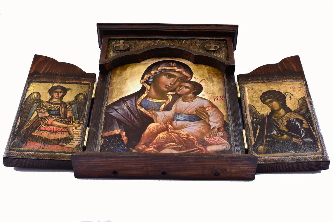Virgin Mary Triptych with Archangels, 40×58 cm