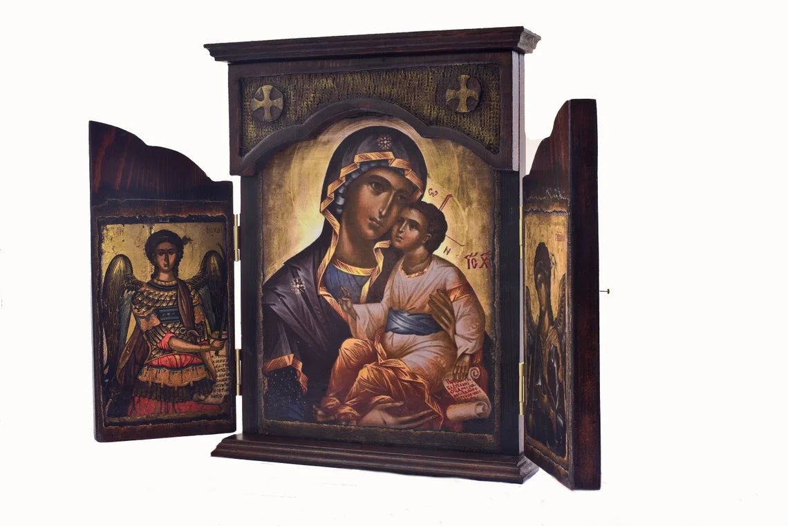 Virgin Mary Triptych with Archangels, 40×58 cm