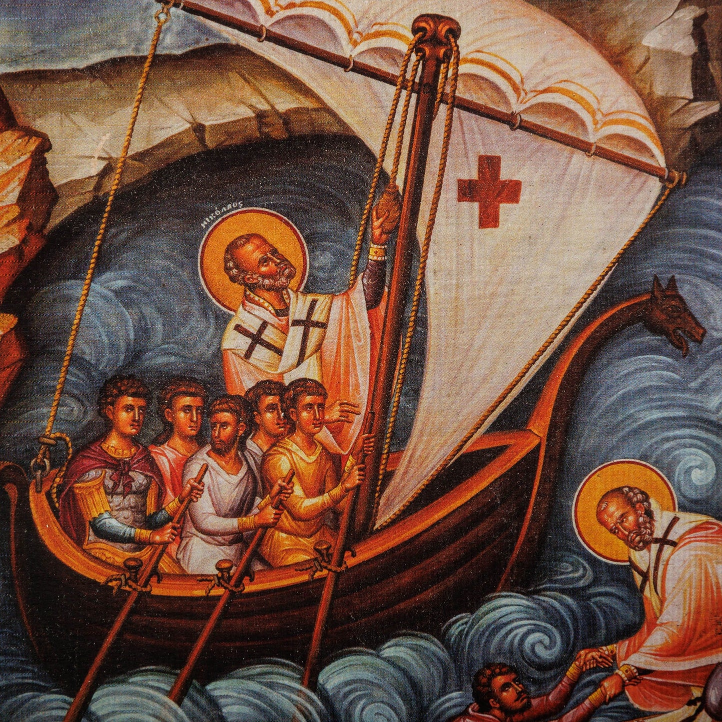 Saint Nicholas Icon with Ship – Byzantine Wall Art, 29×50 cm
