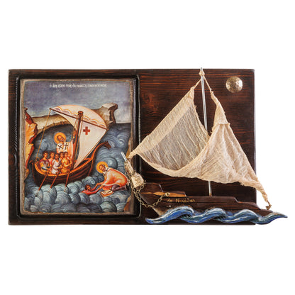 Saint Nicholas Icon with Ship – Byzantine Wall Art, 29×50 cm