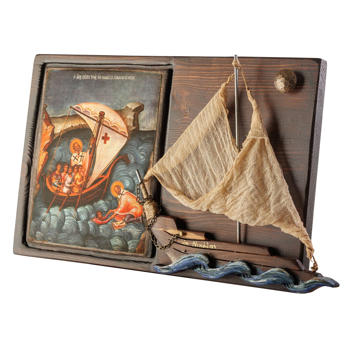 Saint Nicholas Icon with Ship – Byzantine Wall Art, 29×50 cm