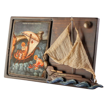 Saint Nicholas Icon with Ship – Byzantine Wall Art, 29×50 cm
