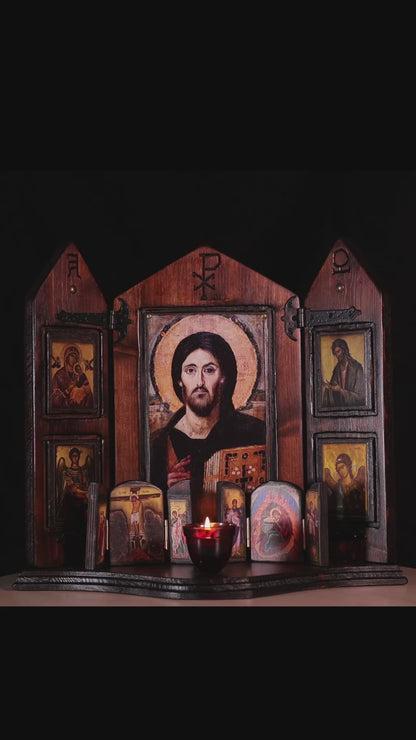 Christ of Sinai Iconostasis with Virgin Mary, Saint John & Archangels, 40×47 cm