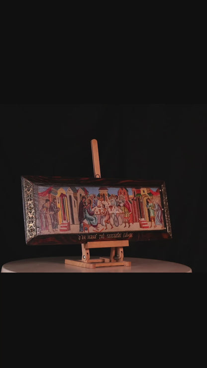 The Wedding at Cana, Handmade Wooden Byzantine Icon, 21x55 cm