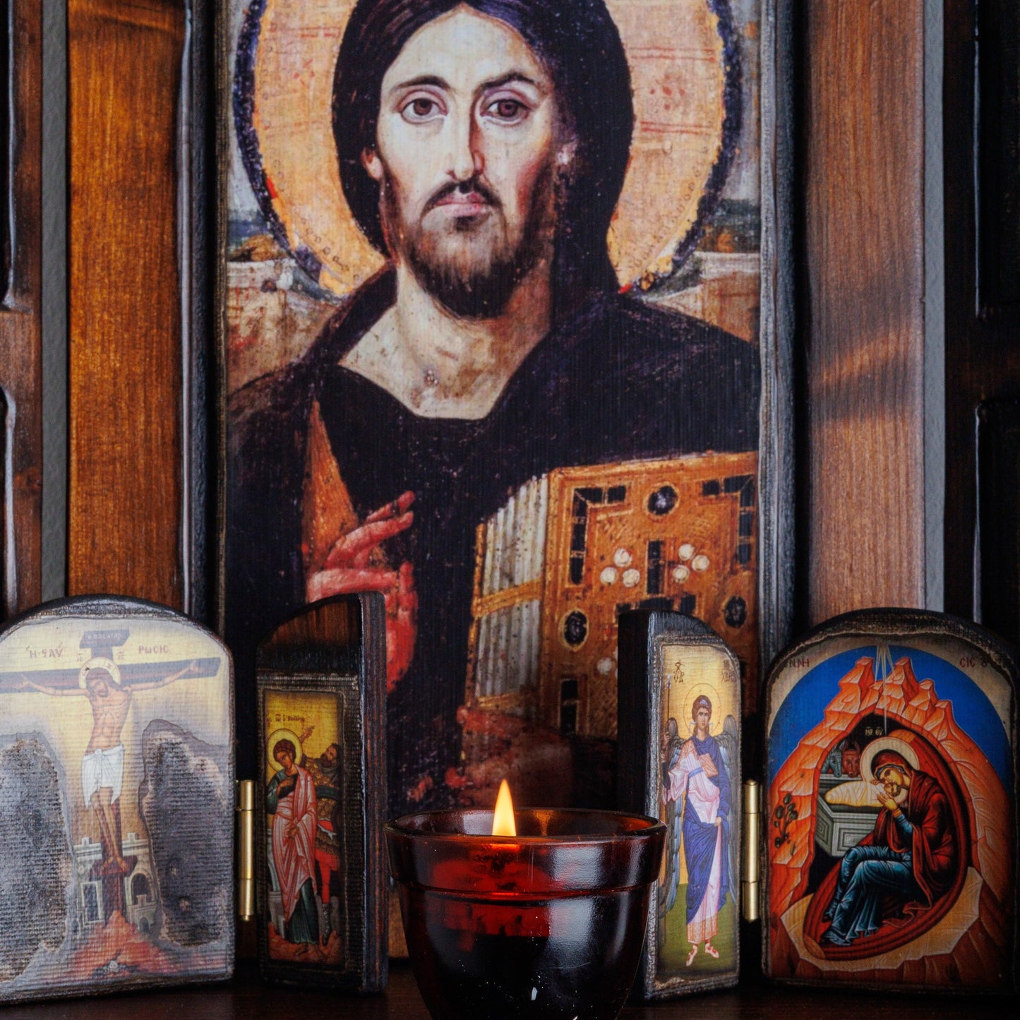 Christ of Sinai Iconostasis with Virgin Mary, Saint John & Archangels, 40×47 cm